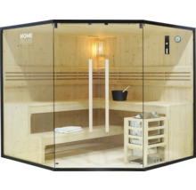 Sauna s drevenými lavicami, sklenenými prvkami a čiernym rámom