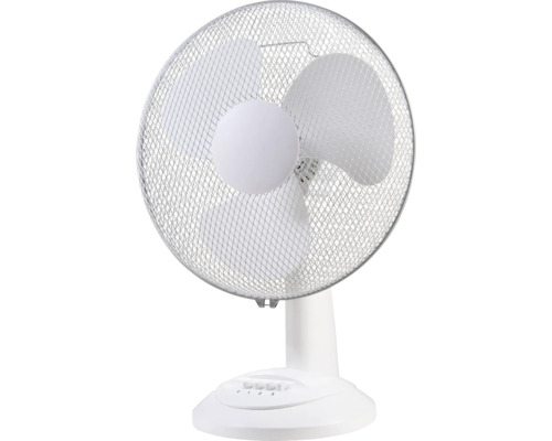 Biely stolný ventilátor s ochrannou mriežkou