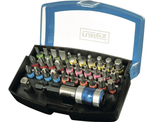 Sada bitov s rôznymi skrutkovacími bitmi a držiakom bitov v kufríku