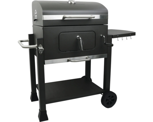 Gril na drevené uhlie s odkladacími plochami a kolieskami