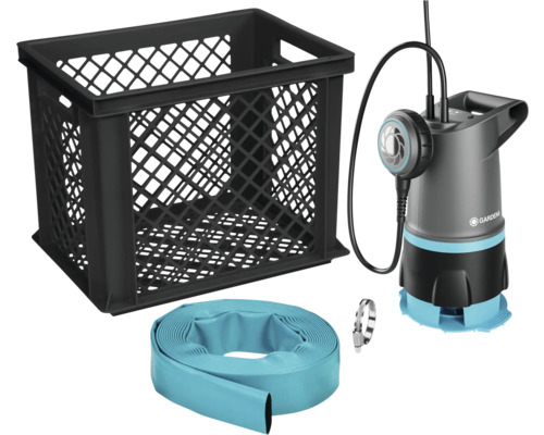 Súprava kalového čerpadla Gardena pozostávajúca z kalového čerpadla, plochej hadice, hadicovej spony a plastového koša