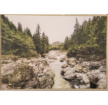 Zarámovaný obraz riečnej krajiny so skalami a stromami