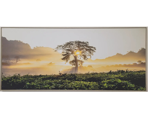 Zarámovaný nástenný obraz s motívom krajiny: strom pred horskou krajinou v hmle