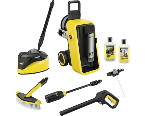 Vysokotlakový čistič Kärcher K7 s príslušenstvom, ako je čistič plôch, umývacia kefa, striekacia trubica a čistiaci prostriedok