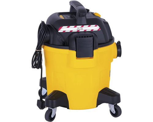 Žltý vysávač na mokré a suché vysávanie s kolieskami a čiernym káblom.