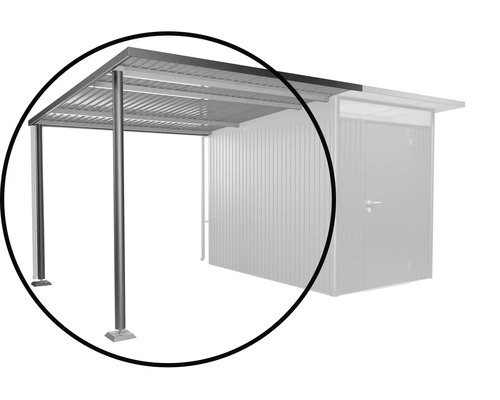 Bočná strecha L k záhradnému domčeku Detailný pohľad na prístrešok pre auto s oceľovými stĺpikmi a kovovou strechou