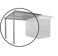 Kovový prístrešok pre auto s podpernými stĺpmi a zastrešenou strechou