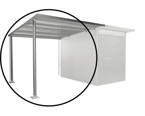 Bočná strecha L pre záhradný domček Kovový prístrešok pre auto so stĺpmi a strechou vedľa záhradného domčeka