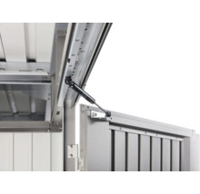 Detailný pohľad na kovovú skriňu na náradie s plynovou pružinou