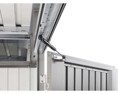 Detailný pohľad na kovovú skriňu na náradie s plynovou pružinou