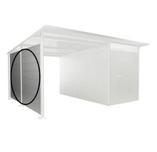 Kovový záhradný domček s bočnou prístavbou