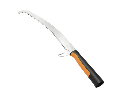 Ručná pílka na konáre so zahnutým pílovým listom a plastovou rukoväťou