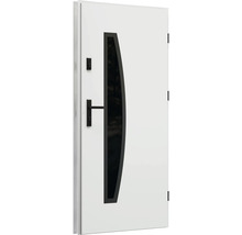 Biele vchodové dvere so sklenenou vložkou a čiernou kľučkou