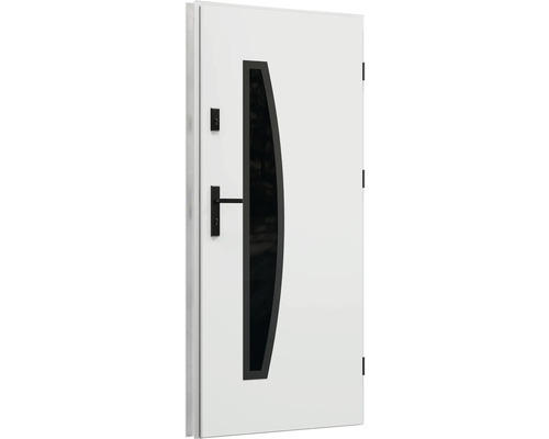 Biele vchodové dvere so sklenenou vložkou a čiernou kľučkou