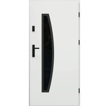 Biele vchodové dvere so sklenenou vložkou a čiernou kľučkou