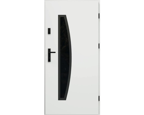 Vchodové dvere Spindel S68 biele 90 P otváranie dovnútra Biele vchodové dvere so sklenenou vložkou a čiernou kľučkou