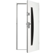 Otvorené biele vchodové dvere s čiernym oknom a kľučkou