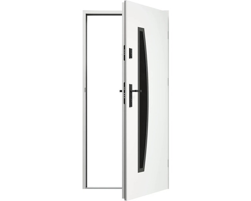 Otvorené biele vchodové dvere s čiernym oknom a kľučkou