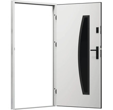 Otvorené biele vchodové dvere s čiernym ozdobným prvkom