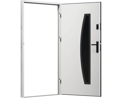 Otvorené biele vchodové dvere s čiernym ozdobným prvkom