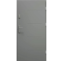 Sivé vchodové dvere s vodorovnými ozdobnými drážkami a striebornou kľučkou.