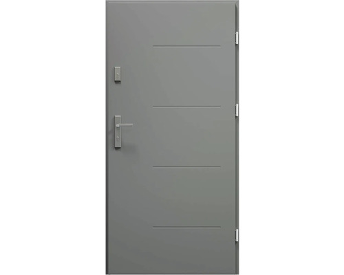 Vchodové dvere Topaz antracit 90 P otváranie dovnútra Sivé vchodové dvere s vodorovnými ozdobnými drážkami a striebornou kľučkou.