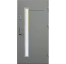 Sivé vchodové dvere so sklenenou vložkou a kľučkou