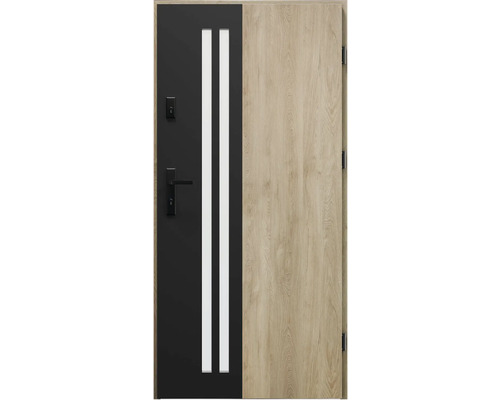 Vchodové dvere s drevenou štruktúrou a dvoma presklenými otvormi