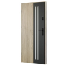 Moderné vchodové dvere s dreveným dekorom a sklenenými prvkami