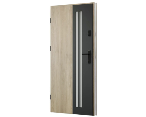 Moderné vchodové dvere s dreveným dekorom a sklenenými prvkami