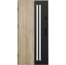 Vchodové dvere s bočným dielom vo vzhľade dreva, dvoma sklenenými vložkami a kľučkou