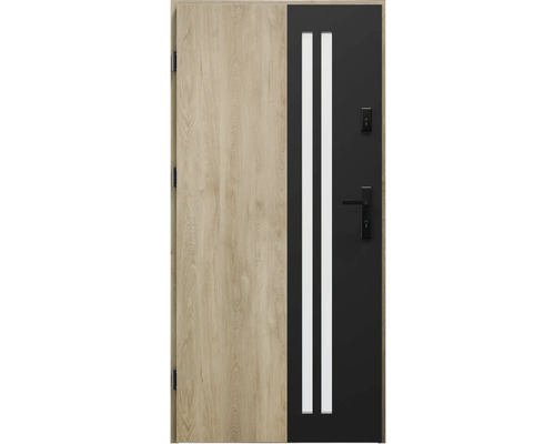 Vchodové dvere s bočným dielom vo vzhľade dreva, dvoma sklenenými vložkami a kľučkou