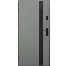 Sivé vstupné dvere s čiernou kľučkou a zámkom