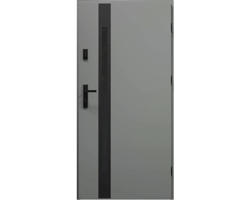 Vchodové dvere Spindel S68 biele 80 P otváranie dovnútra Sivé vchodové dvere s čiernou kľučkou a úzkym zvislým ozdobným prvkom