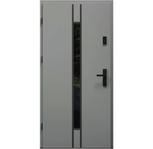 Sivé vchodové dvere so sklenenou vložkou, kľučkou a zámkom