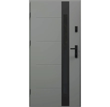 Sivé vonkajšie dvere s kľučkou a zámkom