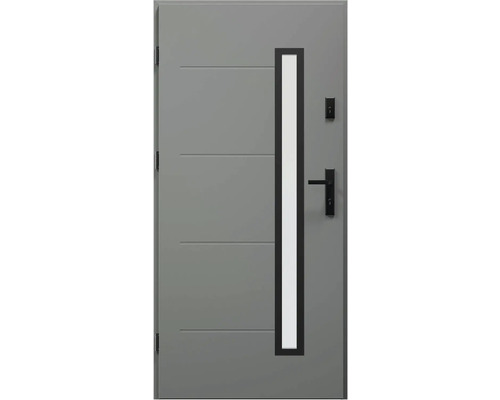 Vchodové dvere Kalcit antracit 80 Ľ otváranie dovnútra Sivé vchodové dvere so sklenenou vložkou a vodorovnými ozdobnými líniami