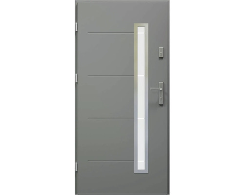 Vchodové dvere Stib antracit 80 Ľ otváranie dovnútra Sivé vchodové dvere s vodorovnými líniami a sklenenou vložkou