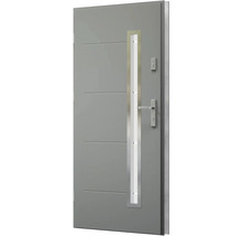 Sivé vchodové dvere so sklenenou vložkou, kľučkou a zámkom