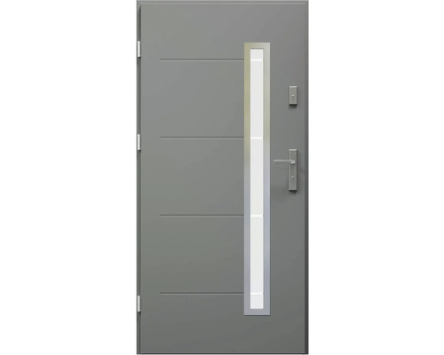 Vchodové dvere Stib antracit 90 Ľ otváranie dovnútra Sivé vchodové dvere so sklenenou vložkou a vodorovnými líniami
