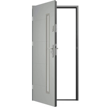 Otvorené vchodové dvere s kľučkou, zámkom a úzkym oknom