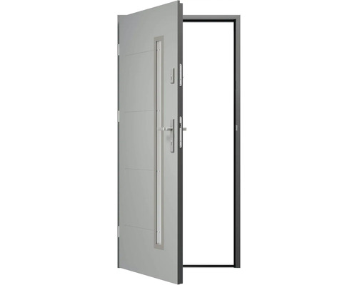 Otvorené vchodové dvere s kľučkou, zámkom a úzkym oknom