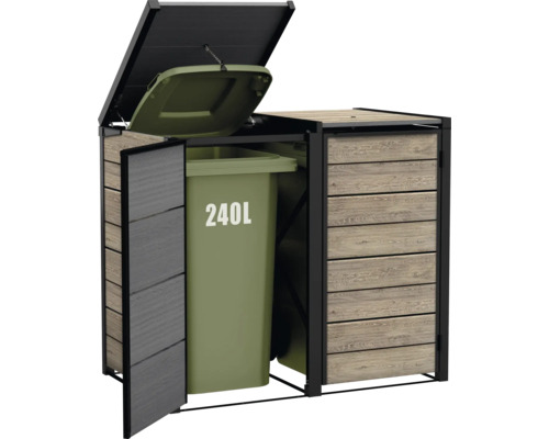 Dvojitý box na odpadkové koše s dreveným obkladom a otvoreným odpadkovým košom s objemom 240 litrov