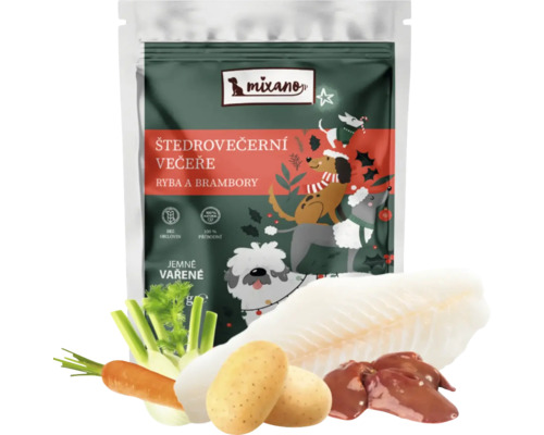 Štedrovečerná večera pre psov Mixáno 300g Krmivo pre psov Mixano s rybami a zemiakmi v balení s ilustráciami psov