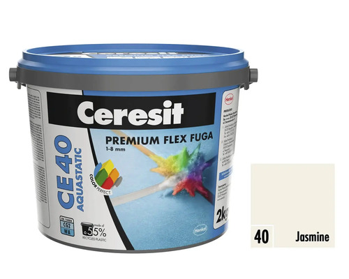 Škárovacia hmota CERESIT CE 40 Aquastatic 2 kg 40 jasmine Ceresit CE 40 Aquastatic Premium Flex škárovacia hmota 1-8 mm vo vedre s farebnou vzorkou jazmín
