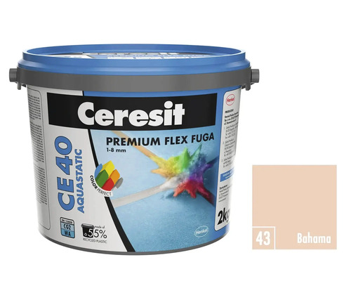 Škárovacia hmota CERESIT CE 40 Aquastatic 2 kg 43 bahama Ceresit CE 40 Aquastatic Premium Flex škárovacia hmota 1-8 mm vo vedre s ukážkou farby