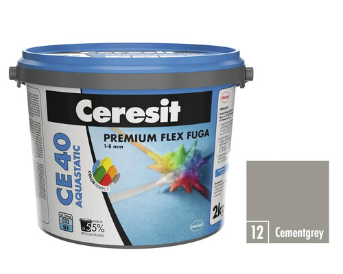 Škárovacia hmota CERESIT CE 40 Aquastatic 2 kg 12 cementgrey Ceresit CE 40 Aquastatic Premium Flex škárovacia hmota 1-8 mm vo vedre s farebnou kartou cementovo sivá