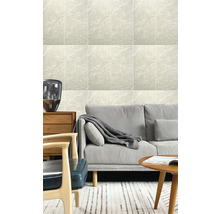 Obývacia izba s obkladom stien so vzhľadom mramoru, sivou pohovkou a drevenými prvkami