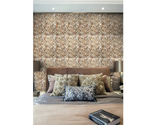 Samolepiaci panel Natural Pebbles 60 x 60 cm, 4 ks Spálňa s obkladom stien s kamenným vzhľadom za posteľou