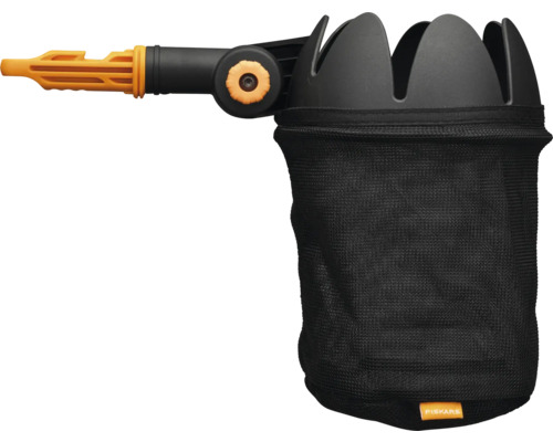 Fiskars QuikFit zberač lístia s čiernym zberným vakom a oranžovou rukoväťou